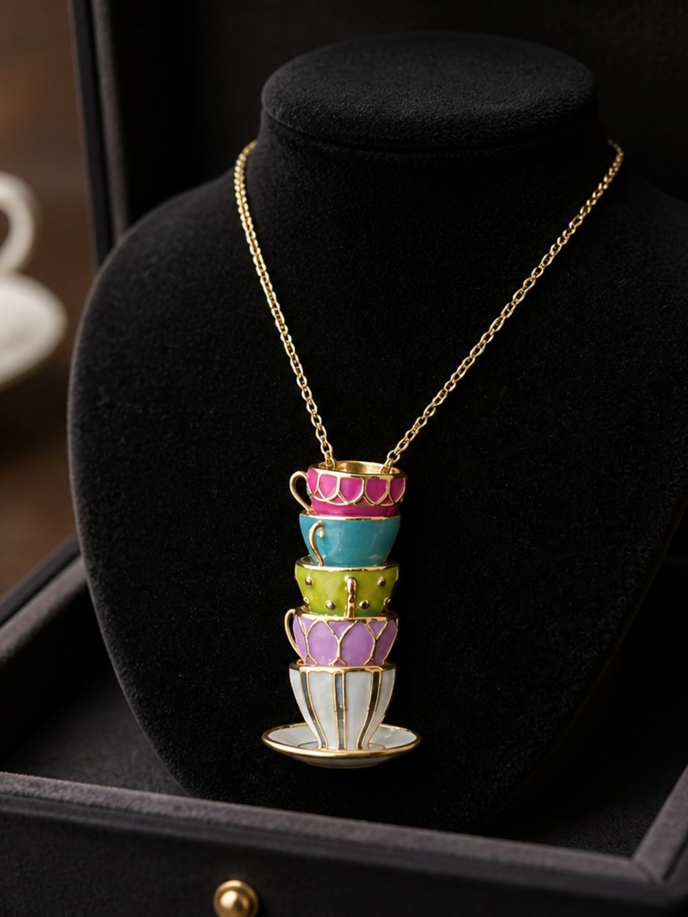 Gold-Tone Stacked Teacup Pendant Necklace in Pink, Teal, Lime, Purple, White